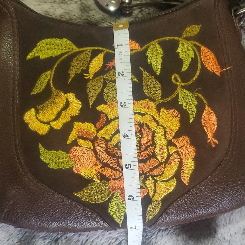 Sharif Studio Leather Brown Embroidered Floral Crossbody Bag - Picture 13 of 14